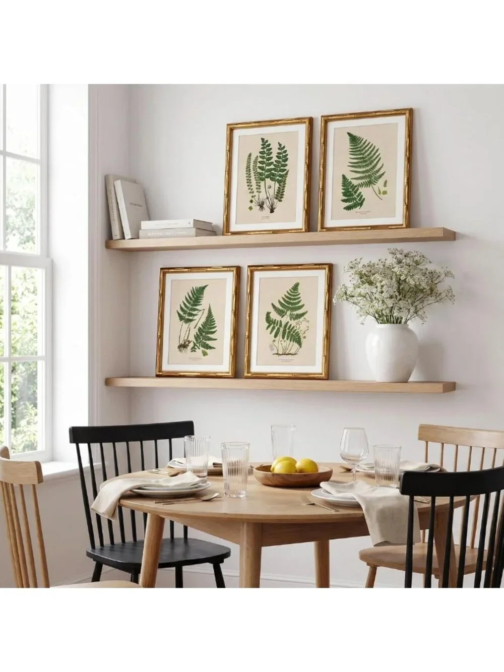 Vintage Botanical Wall Art Set - 4pcs Bamboo Framed Fern Prints, 11x14